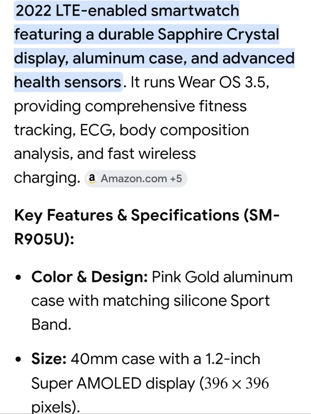 Samsung Galaxy 5 Rose Gold Smartwatch with Blush Strap LTE, 40mm